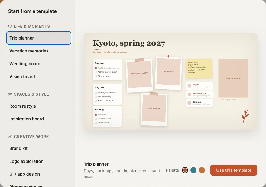 Atelier's template gallery: twelve art-directed boards grouped by Life & moments, Spaces & style, Creative work, and Get things done