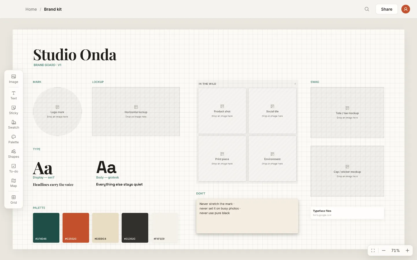 The Brand kit template: logo mark, lockup, type specimens, palette, and in-the-wild slots