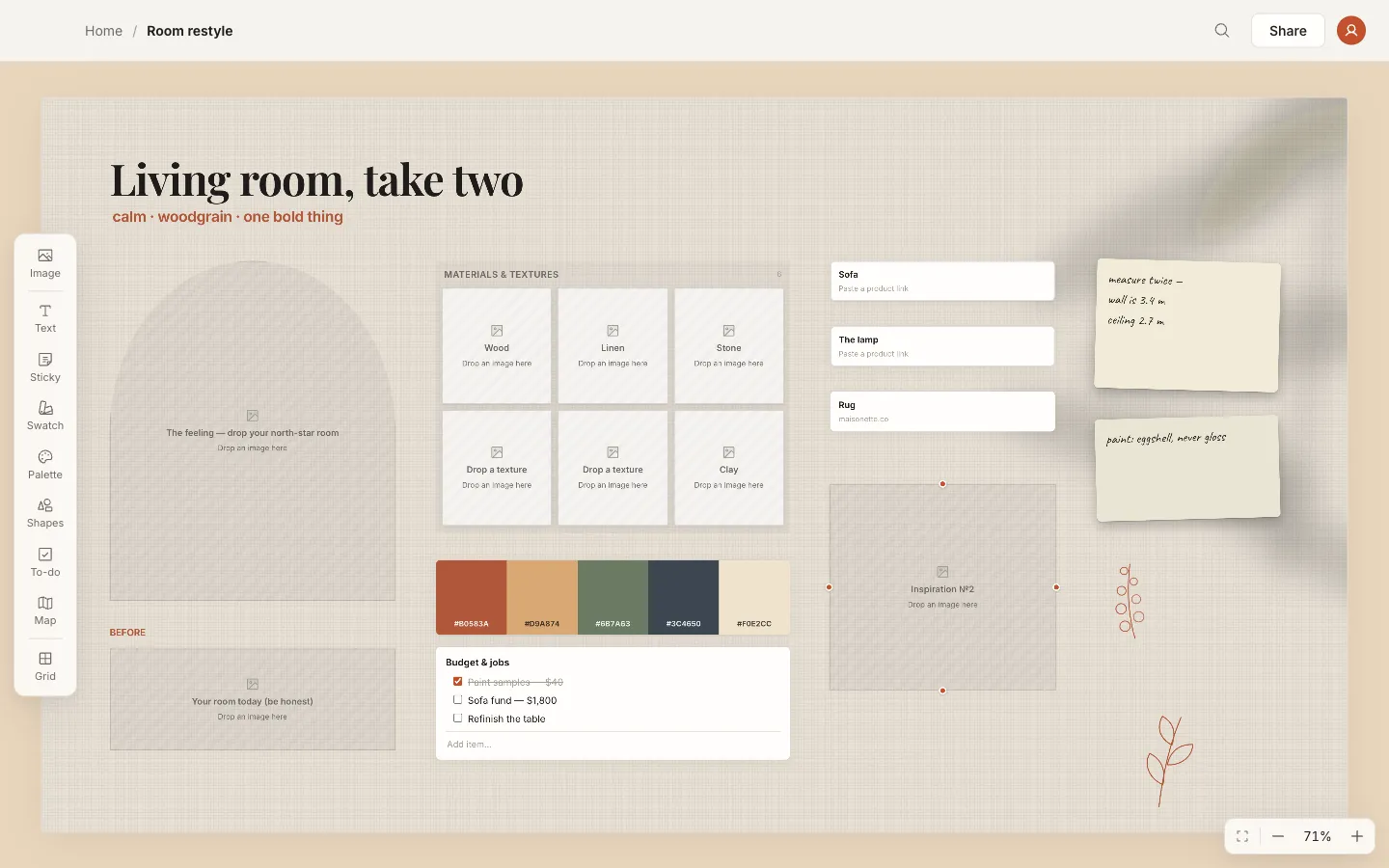 The Room restyle template: materials, budget and reference slots for a living room