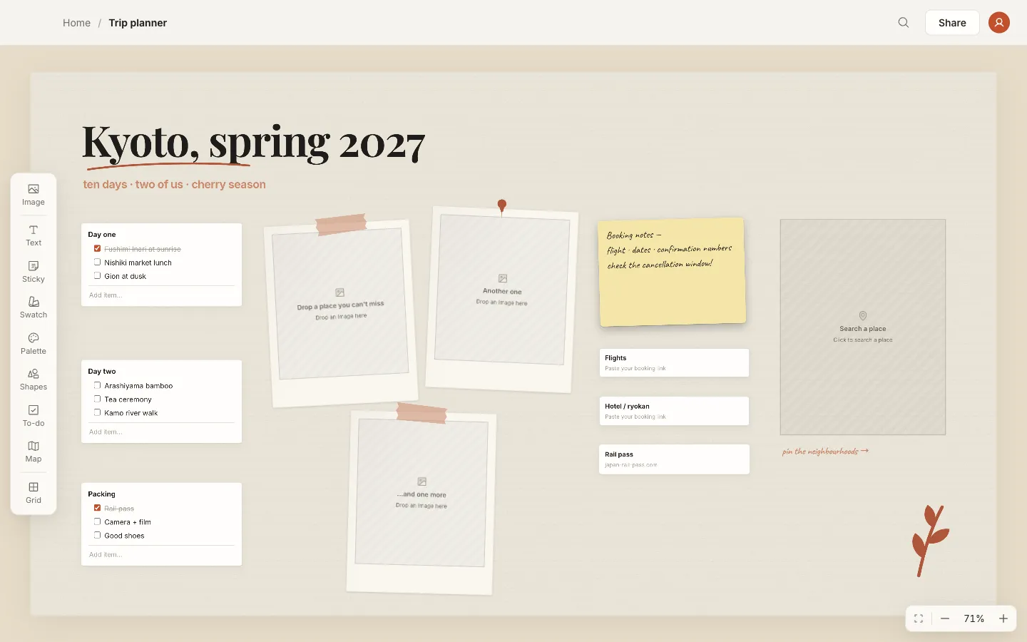 The Trip planner template: a Kyoto itinerary with day lists, polaroid slots, booking links and a map slot