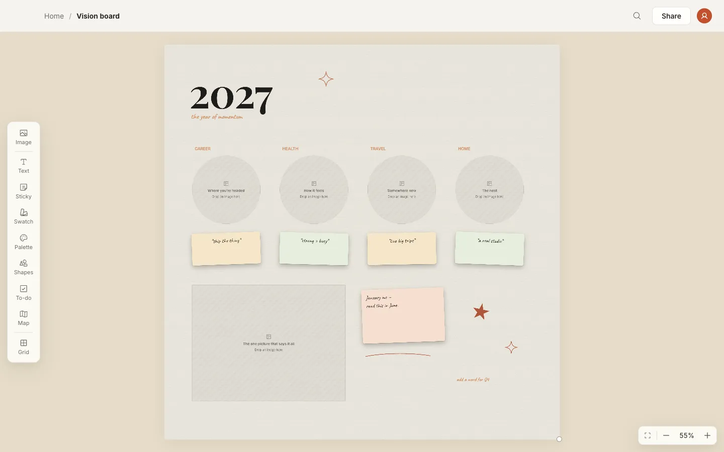 The Vision board template: 2027 in four categories with circular image slots and handwritten stickies
